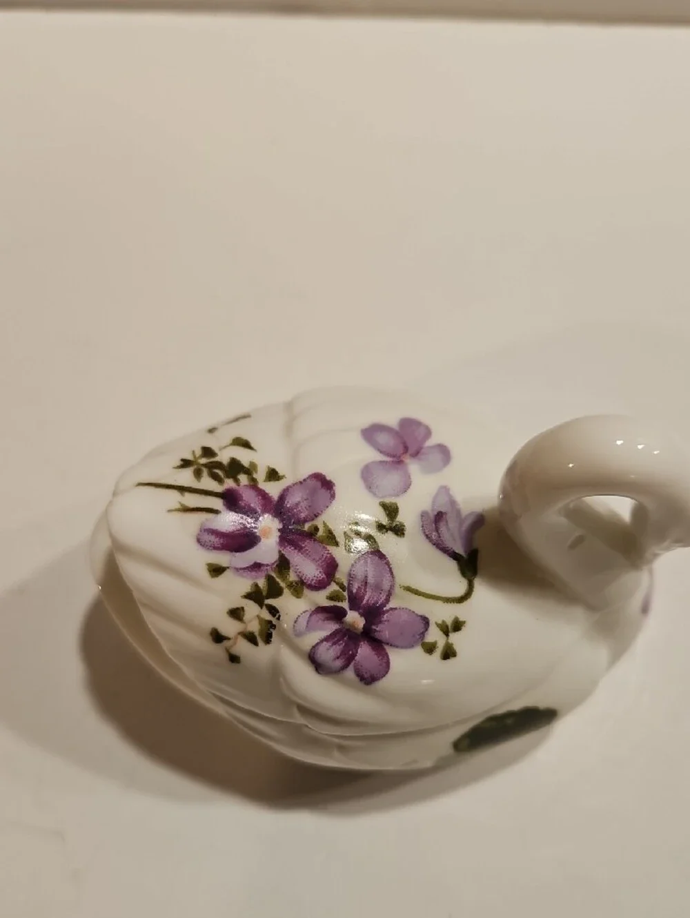 Fine Bone China Swan Trinket Box with Purple Floral Accents Hand Painted